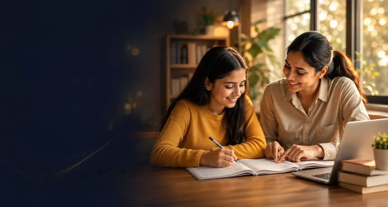 A tutor working through a notebook exercise with a school student at home